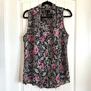 Flowy gauzy semi-sheer floral sleeveless tank tie front women's size L